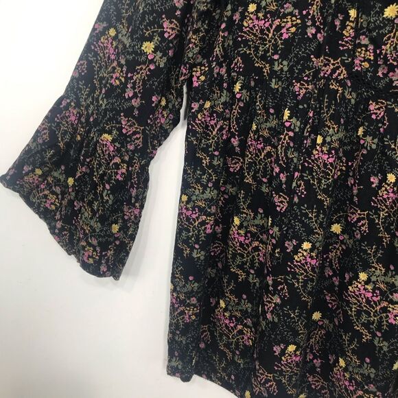 Lucky Brand Black Pink Floral Tie Neck Baby Doll Peasant Blouse - Picture 4 of 14